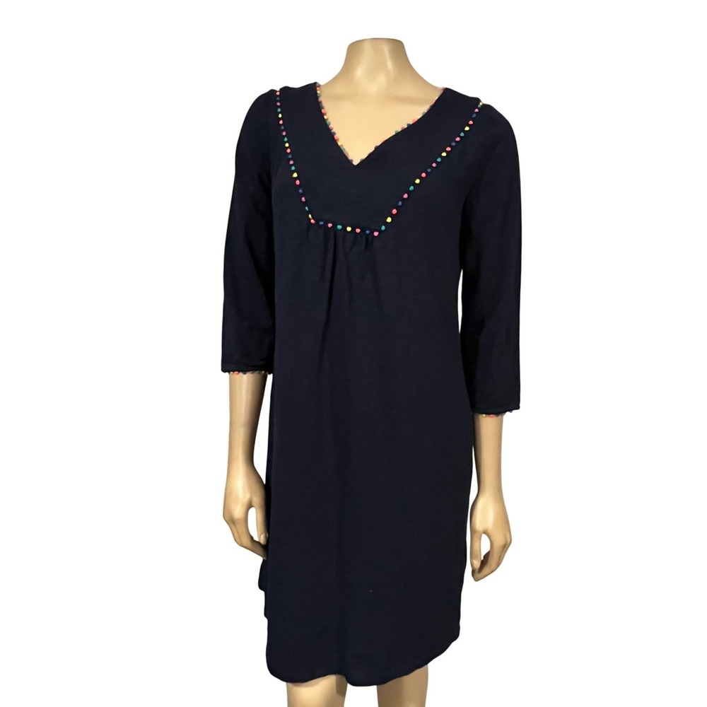 Boden Navy Blue Pom Pom Trim V-Neck Slub Cotton Shift Dress Preppy Chic 8L